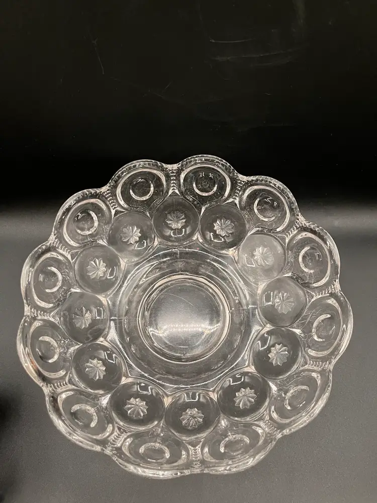 Clear Moon & Stars Glass Footed Bowl Scalloped Edged 9”D