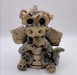Handmade, Signed, Clay, Wide Eyed Dragon Figurine, Green and White Glaze, 6”