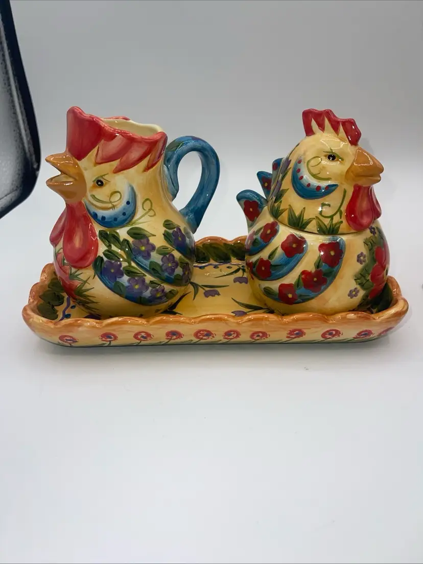 Fontana Hand Painted Collection Set Rooster Sugar Bowl, Creamer And Tray