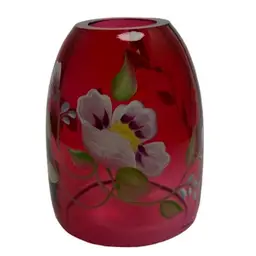 Fenton Fairy Light Lamp Top Shade Cranberry Glass Hand Painted Floral JK Spindler