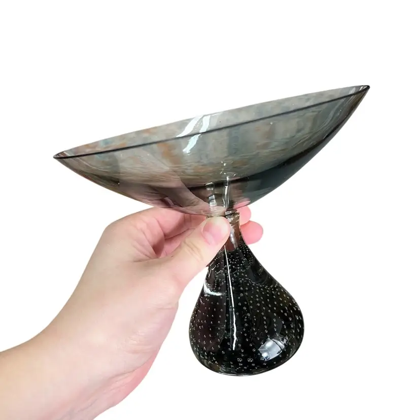 MCM Erickson Glass Shallow Pedestal Dish, Mid Century Modern Smoky Glass Pedestal Bowl With Controlled Bubbles