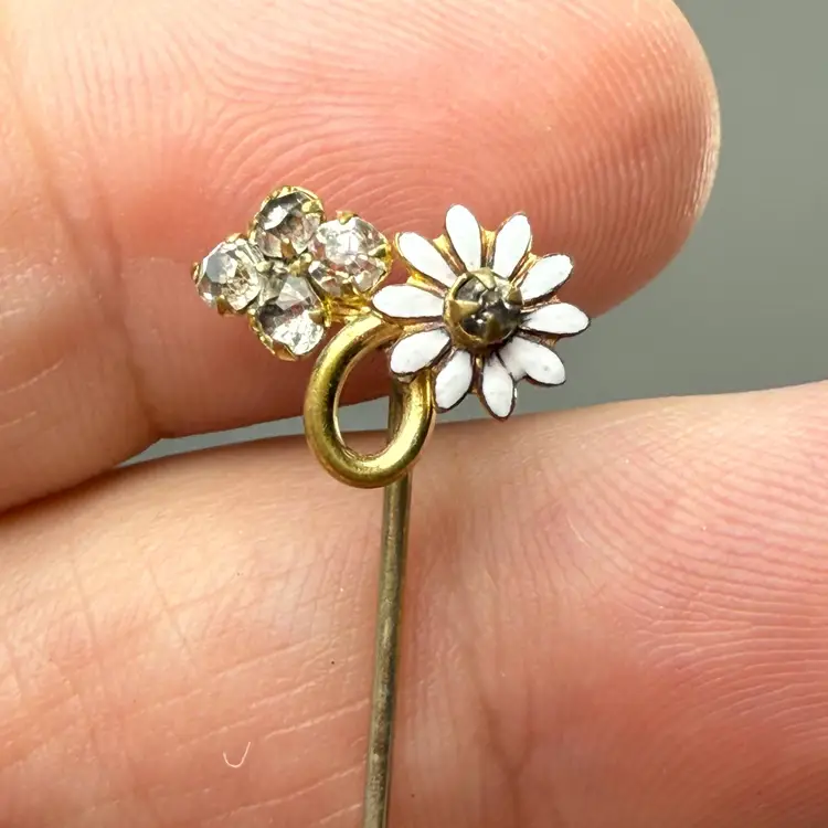Antique Victorian Gold Filled Stick Pin White Enamel Flower Rhinestones Dainty
