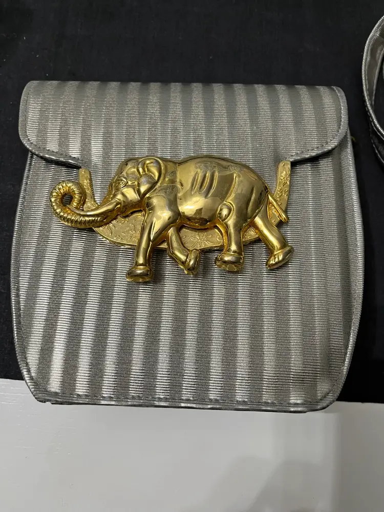 Vintage Goldtone Elephant Gray Striped Purse 7”x7” Crossbody