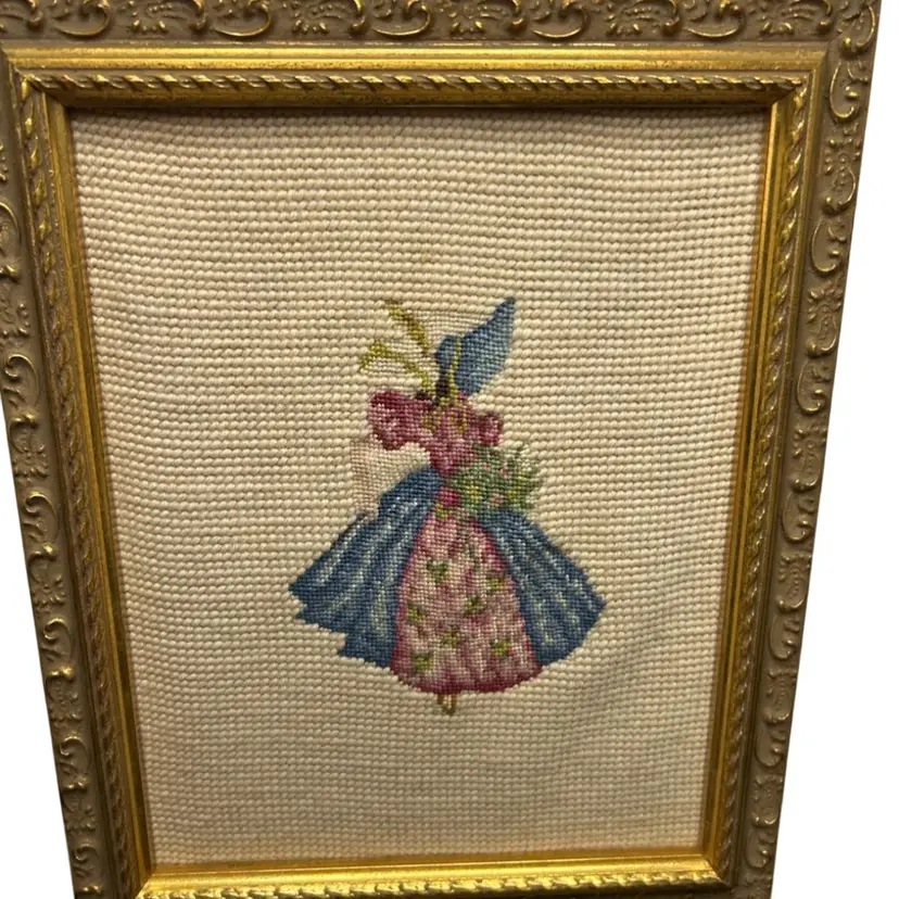 Framed Needlepoint Girl With Flowers @11x9