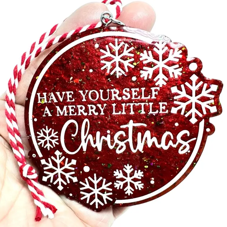 “Have Yourself A Merry Little Christmas” Red Glitter Resin 3-1/4” Ornament With Snowflakes ❄️. Handmade by me 🫶