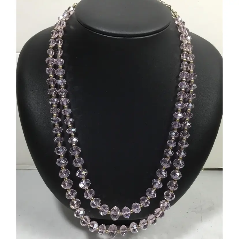 Summery, Kirks Folly pink, double strand graduated crystal necklace, AB coating, gold tone cherub wings