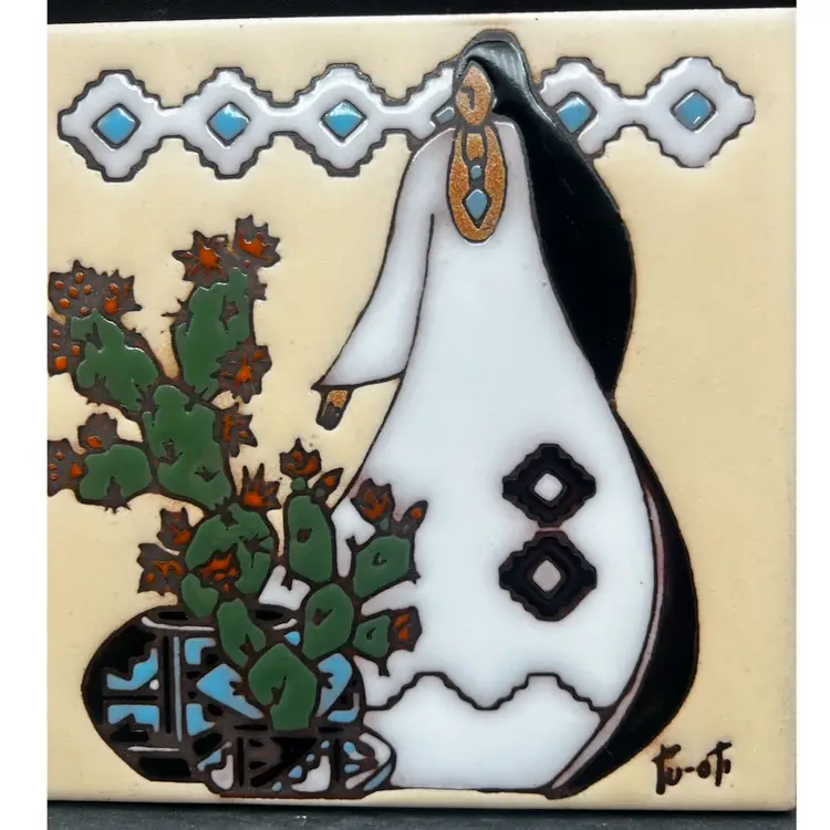 #246B Earthtones Southwestern Themed Art Tile. Woman In White Dress Beside A Cactus. Hand Made & Painted. Signed Tu-Oti. Designed By Gale Tu-OtiTucson, AZ 1990