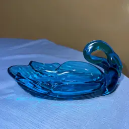Swan Dish Aqua Blue Art Glass Swan Candy Trinket Soap Dish 8.5” long