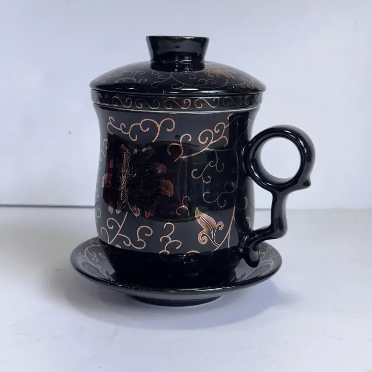 #1473 Teavana Tea Bone China Porcelain Cup Infuser Lid Plate Black w Gold Tone Hand Painted Floral Design