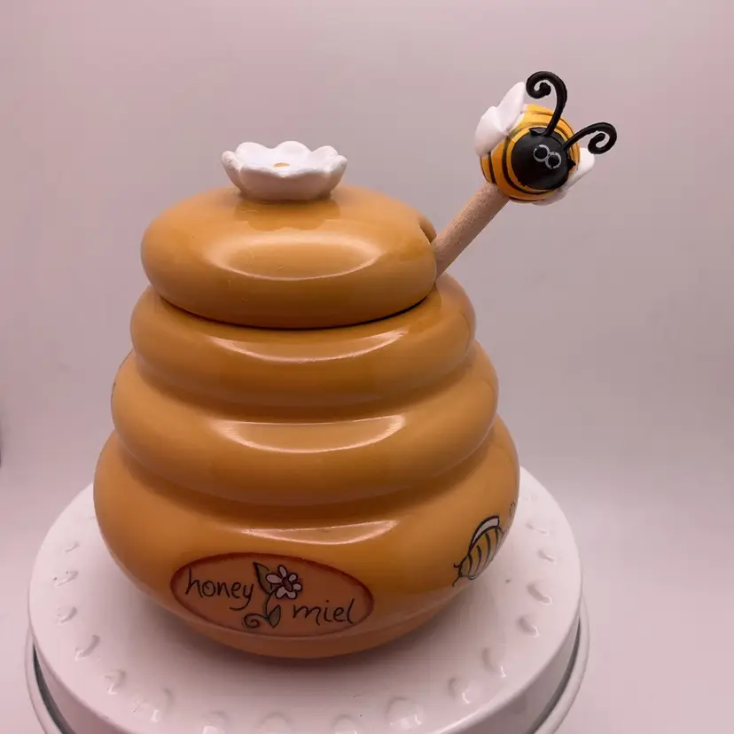 POW3 Honey Pot Jar with Bee Stick Honey Miel 3.25”