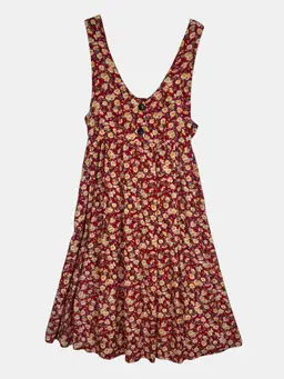 Vintage 90s Daisy Print Midi Dress Red Floral Empire Waist Pockets USA Large