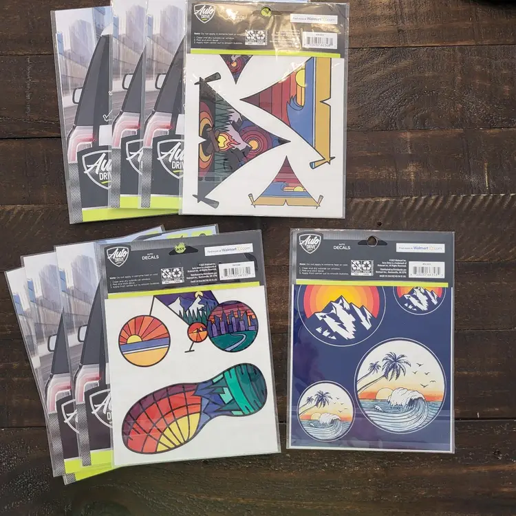 Auto Drive Auto Decals - Travel, Running, Biking, Camping - 9 Packages NEW Unopened (28 total decals)