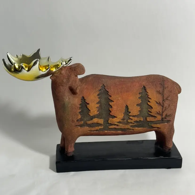 Moose Gold Antlers Evergreen Trees On Base Unique 8” Tall