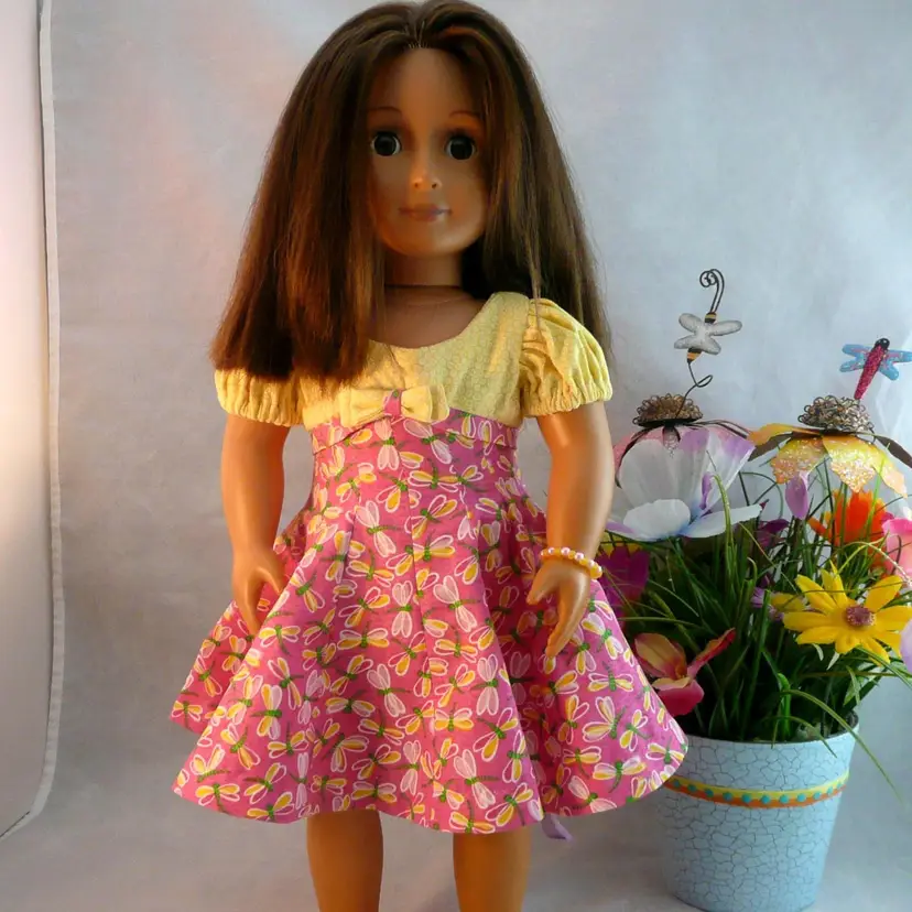 Handmade 18 in Doll Spring Summer Dress Pink Dragonfly Print Matching Imitation Pearl Bead Stretch Bracelet