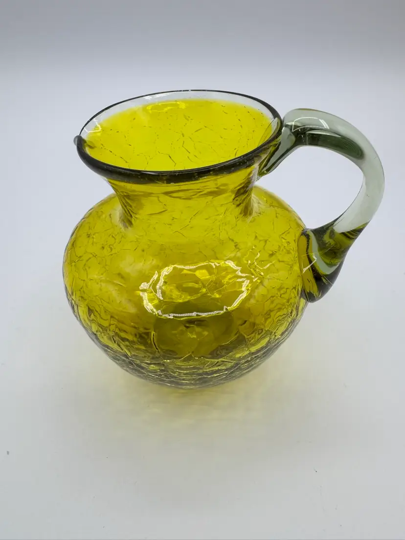 #03. Vintage  Green Hand Blown Crackle Art Glass Small Pitcher