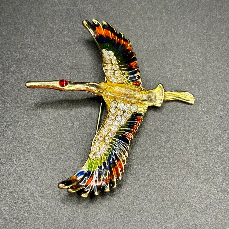 Multicolored Flying Bird Brooch Enameled Gold tone 2.5"