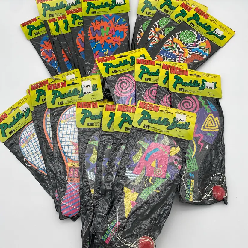 SunTime Fun Lot of 23 Neon Paddle Balls - 5 Patterns - For Repair or Display