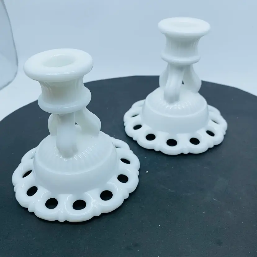#0809 - Westmoreland Pair White Milk Glass Candleholders Doric Pattern
