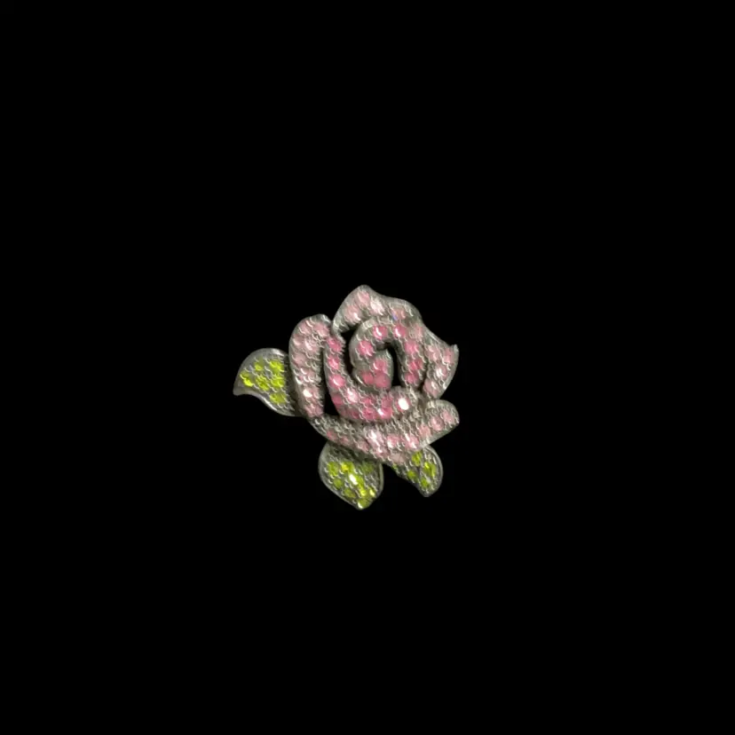 Vintage Gunmetal - Toned Rose Brooch. With Beautiful Adorned Pink And Green Glass Rhinestones. Not Signed