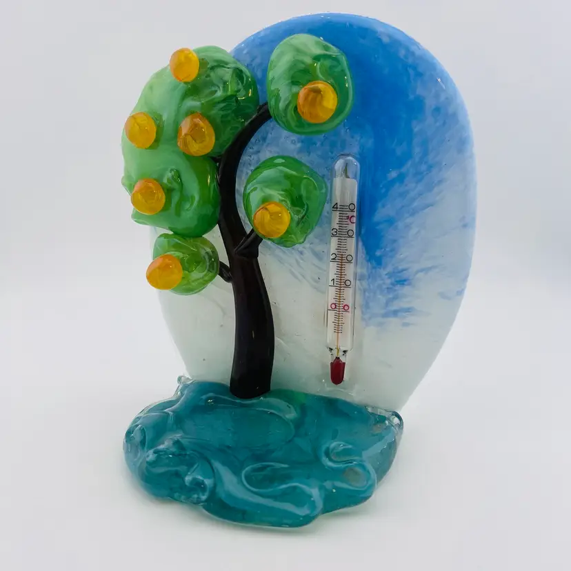 Rare Vintage Glowy Orange Tree Thermometer Sculpture - Bohemia Glass Made In Czechoslovakia By Zelezny Brod Skol (ZBS) 4”x 5.75”x 6.25”