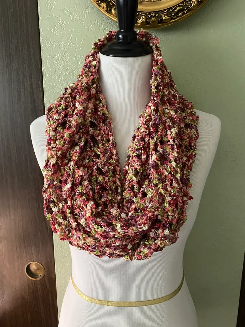 Hand Crochet Long Lace Pattern Infinity Scarf 10" x 64"