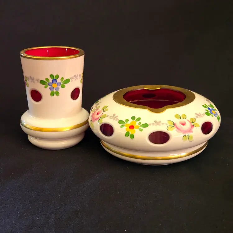 Glass Ashtray and Matchstick Holder - Cut To Red, Hand Painted Floral Gold Trim Bohemian made