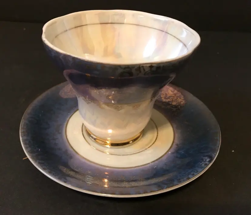 Japan Footed Cup & Saucer Opalescent Blue & White W/ Gold Leaf