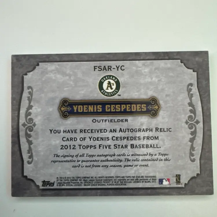 2012 Topps Five Star Yoenis Cespedes Oakland A's RC Rookie GU Bat AUTO /97
