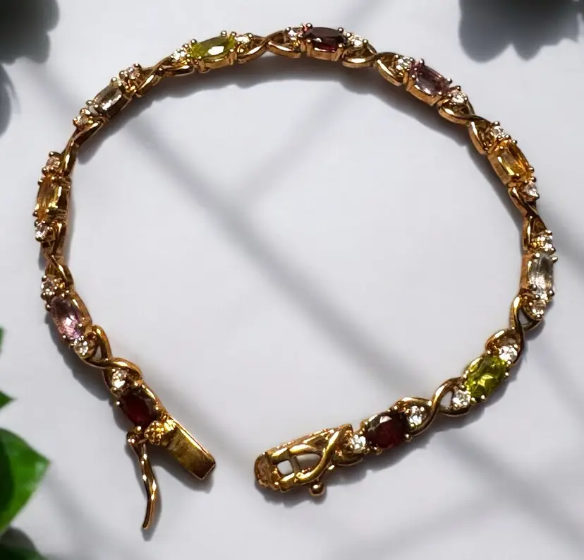Vintage Gold Plated Amethyst Garnet Citrine Peridot CZ Stone Tennis Bracelet 6.75”