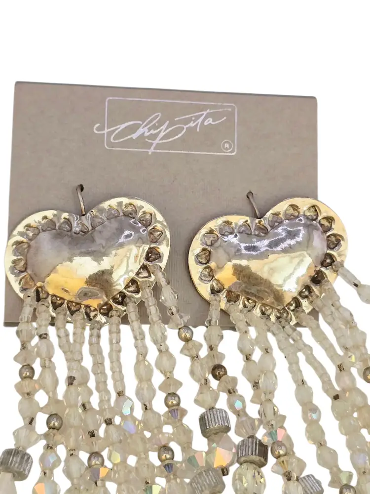 Vintage NOS Chipita Beaded Heart Pierced Earrings (A9000)