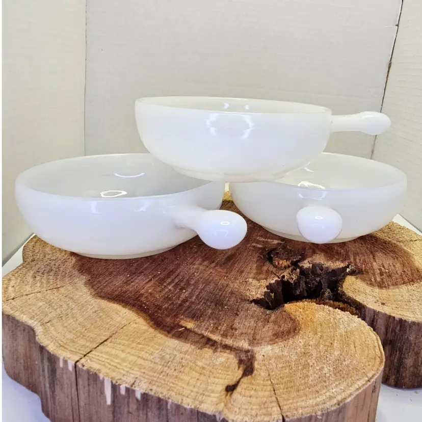 Milk Glass Soup Bowls with Handles Set of 3