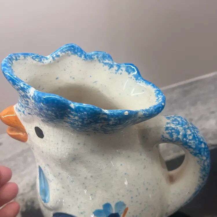 020 Hen Pitcher Made in Italy Giovanni Vietri Pottery 10" Farmhouse Folkart White Blue