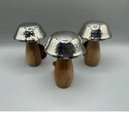 Silver Metal Mushroom Hammered with Brown Wood Base Home Decor 4.5” H