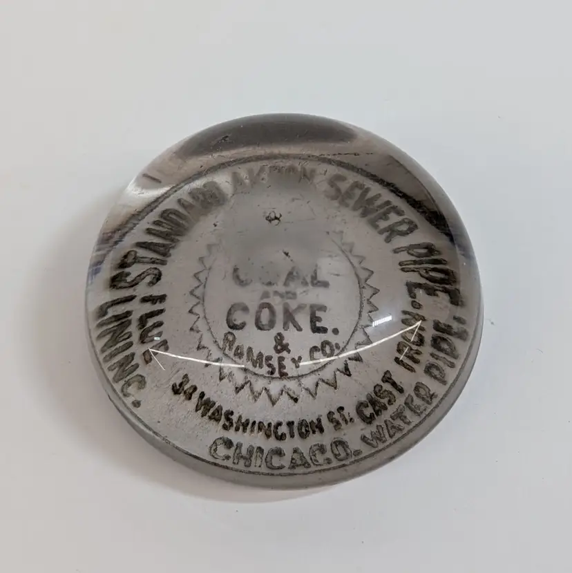 Antique Advertising Chicago Coal & Coke Glass Paperweight Rhoads & Ramsey Co