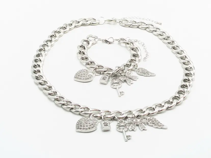 Silver Tone Rhinestone Chunky Charm Necklace and Bracelet Set