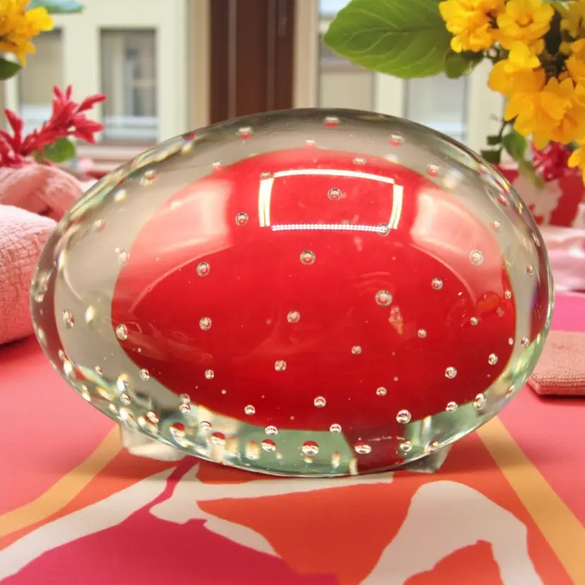 Egg Shaped Paperweight with Blood Red Center & Bullicante 3”x2”x1 1/2” 7.3oz