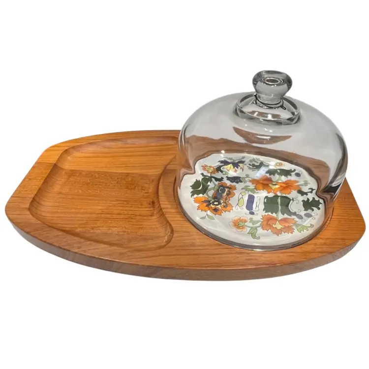 DOLPHIN -Teak Wood - Vintage-Cheese Board Serving Tray & Glass Dome- Floral Trivet- 14” L X 8.5 W X 5” H