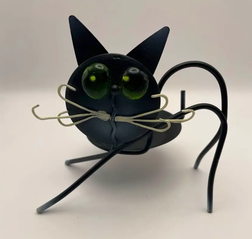 Black Cat, Metal, Tea Light Holder, White Whiskers, Green Eyes Glow When Lit! Adorable! 🐈‍⬛