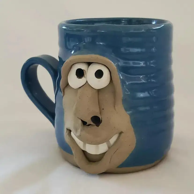 Pretty Ugly Pottery Mug Stamped Wales Stoneware Blue Brown Funny 3⅝" Tall
