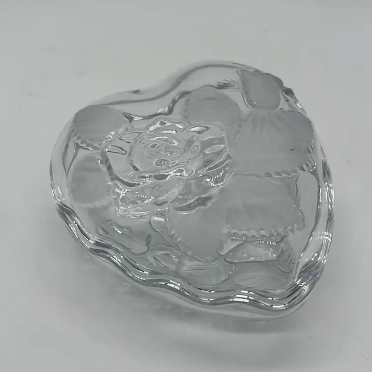 Crystal Heart Shaped Trinket Dish Etched Glass Frosted Roses & Leaves | 3”
