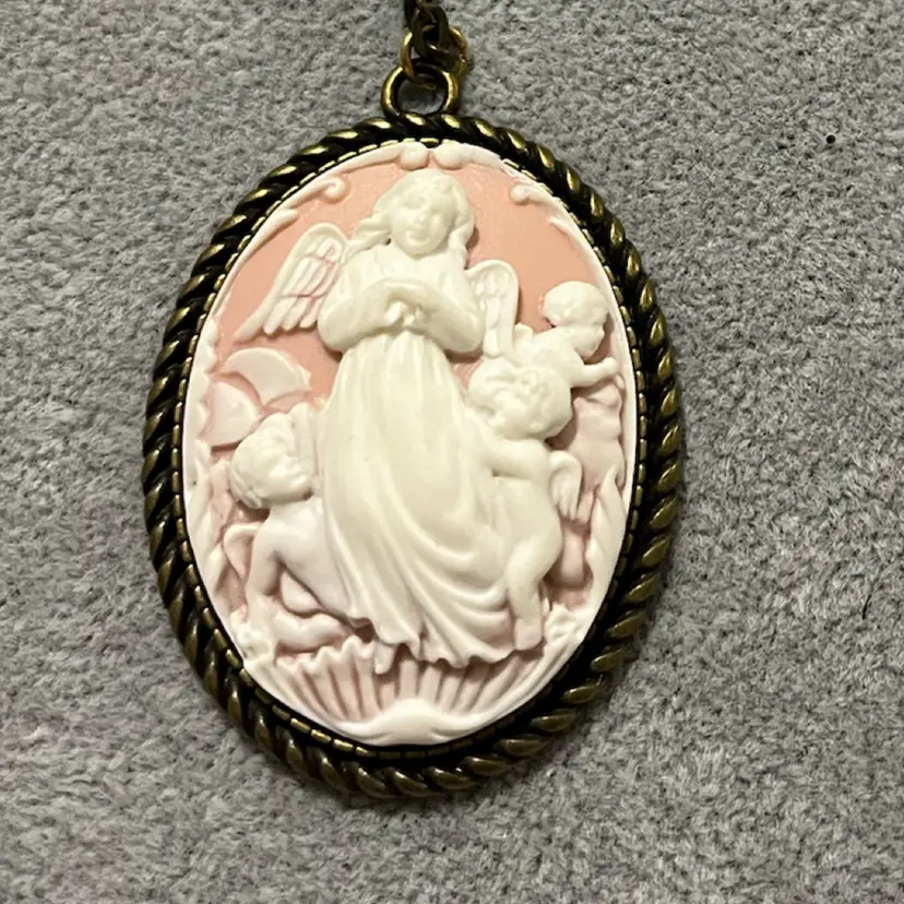 Brass Tone Guardian Angel Cameo Necklace