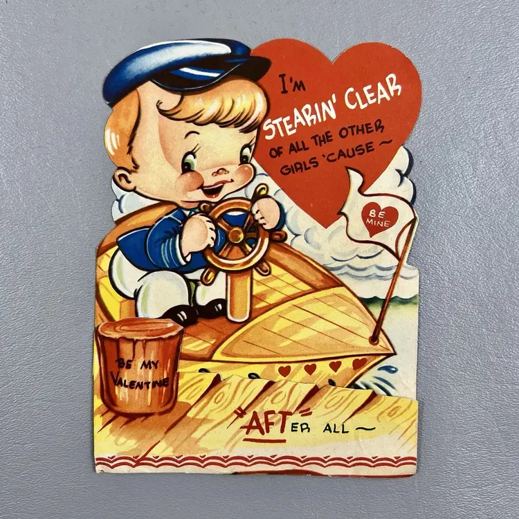 Vintage Die Cut Valentine Card Sailor Boy Boat I'm Stearin' Clear 6" Heart