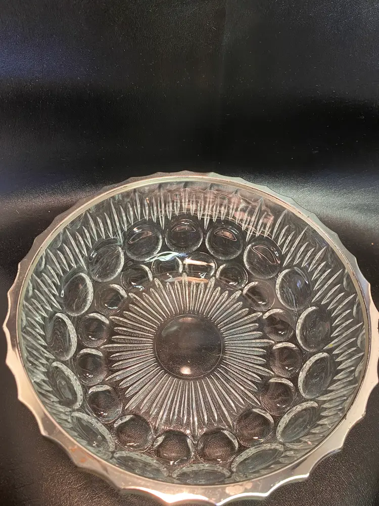 Vintage 1980's Glass Bowl with Scalloped Silver Rim