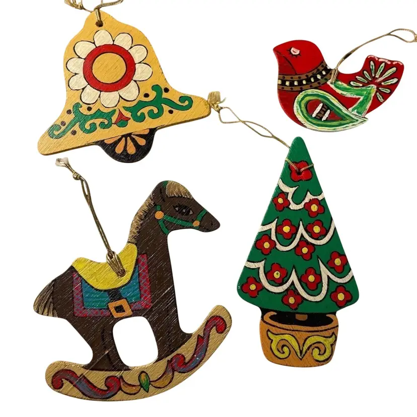 Wooden Painted Folk Art Christmas Ornaments, Bird, Bell, Rocking Horse, Tree Vintage Set of 4