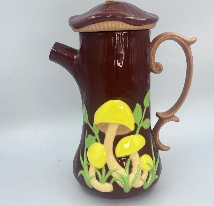 Vintage Mushroom Coffee Pot - Retro 19970s Brown and Yellow Ceramic