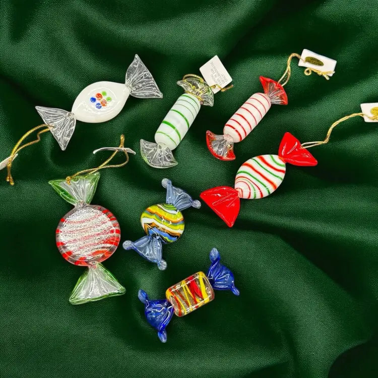 Hand-Blown Art Glass Wrapped Hard Candy And Ornaments Multi Colors 7pc Lot As Is