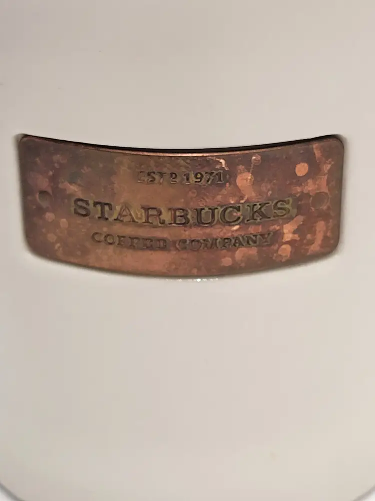 Starbucks 2010 Coffee Mug Cream White with Copper Plate Badge Logo 16 Oz Cup