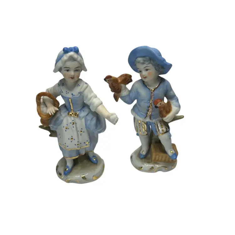 C1884 Antique Sitzendorf Germany Porcelain Children Figurine Pair (READ)