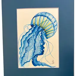 Original 5x7” Watercolor Frilly Blue Jellyfish In 8 X 10” Blue Matte