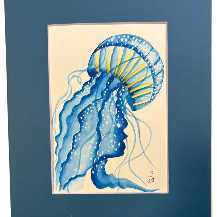 Original 5x7” Watercolor Frilly Blue Jellyfish In 8 X 10” Blue Matte